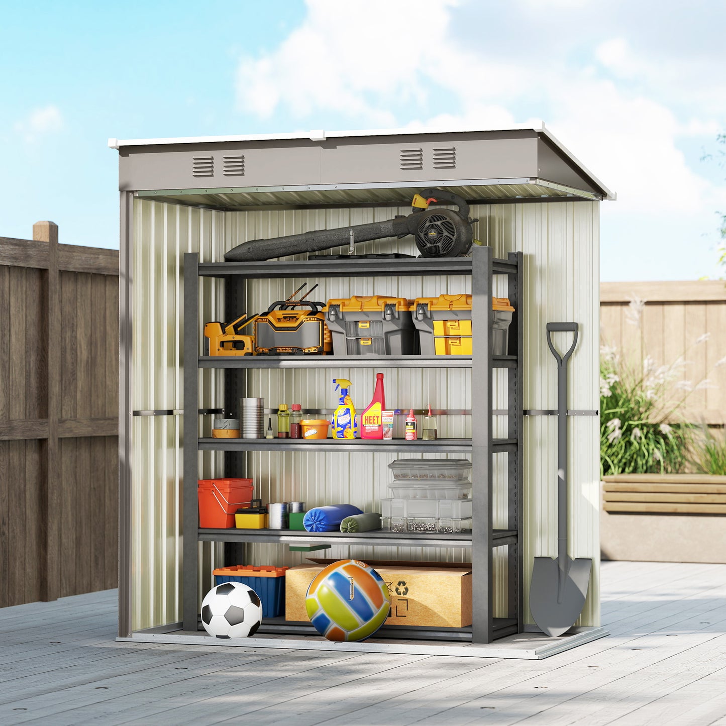 5 x 3 ft Lean-to Garden Shed, Outdoor Storage Shed with Lockable Door and Vents, Light Grey
