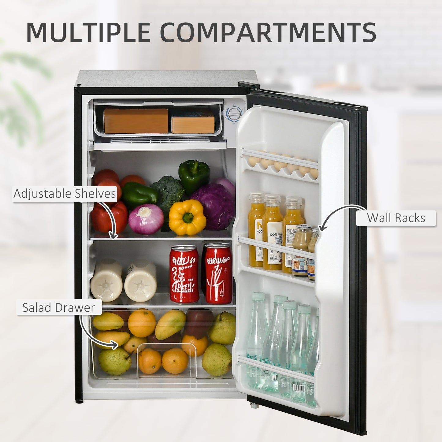 Under Counter Fridge, 91L Small Fridge with Chiller Box, Removable Shelf, Reversible Door, Adjustable Legs