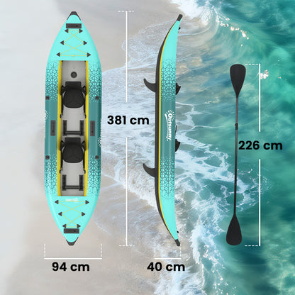 12.5' Inflatable Kayak Set, 2-person Sit on Canoe with Aluminium Oars, Blue and Yellow