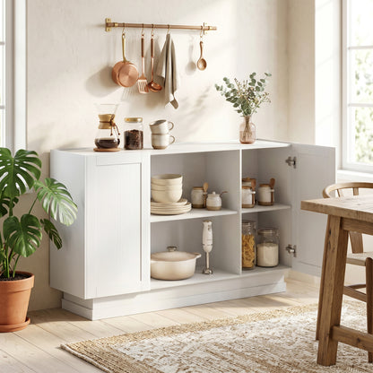 Sideboard Buffet Cabinet, 133 cm Storage Cabinet with 2 Open Shelves, 2 Cupboards and Soft Close Doors, White