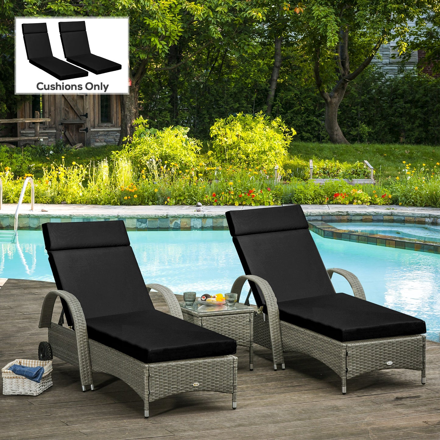 Set of 2 Sun Lounger Cushions, Replacement Cushions for Rattan Furniture with Ties, 196 x 55 cm, Cushion ONLY, Black