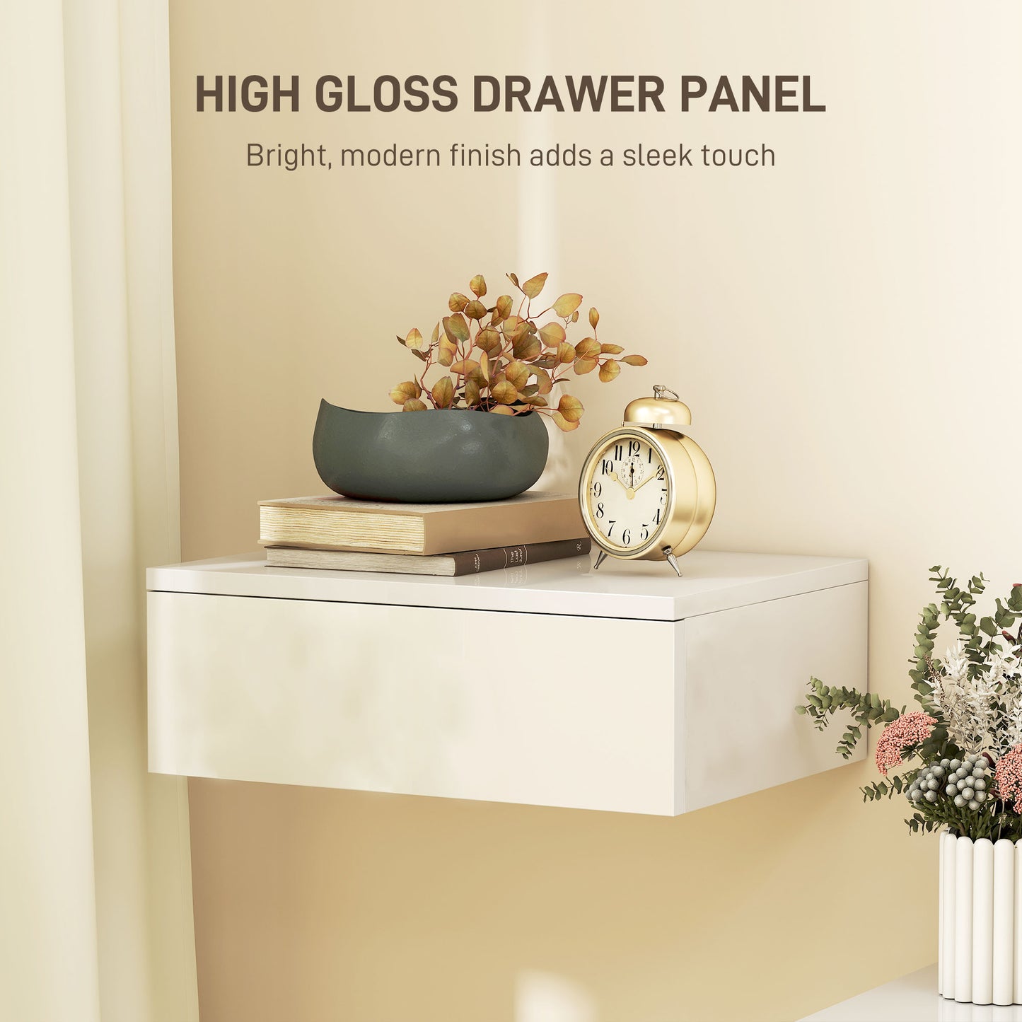 Floating Bedside Table Set of 2, Wall-Mounted Nightstand with High Gloss Finish & Storage Drawer, White