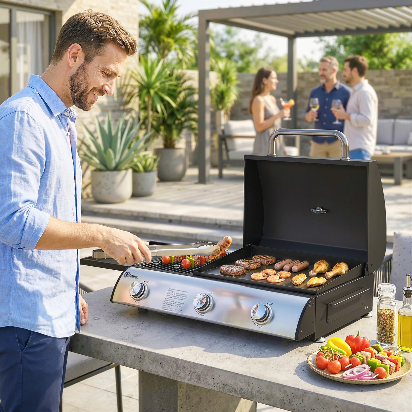 3 Burner Portable Gas Plancha BBQ Grill, 7.5 kW Outdoor Tabletop Gas Barbecue Grill with Griddle, Thermometer,, Black