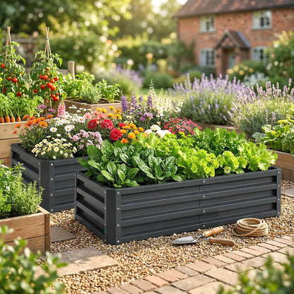 Set of 2 Raised Beds for Garden, Galvanised Outdoor Planters for Herbs Vegetables, Use for Patio Balcony, Grey