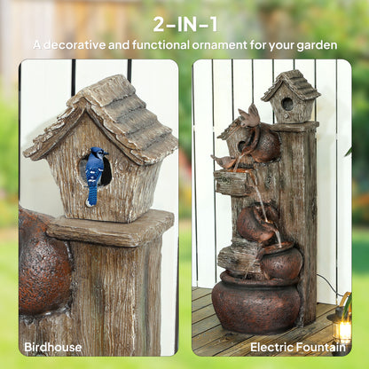 2-in-1 Waterfall Fountain with Birdhouse, Resin Garden Water Fountain with LED Lights Pump
