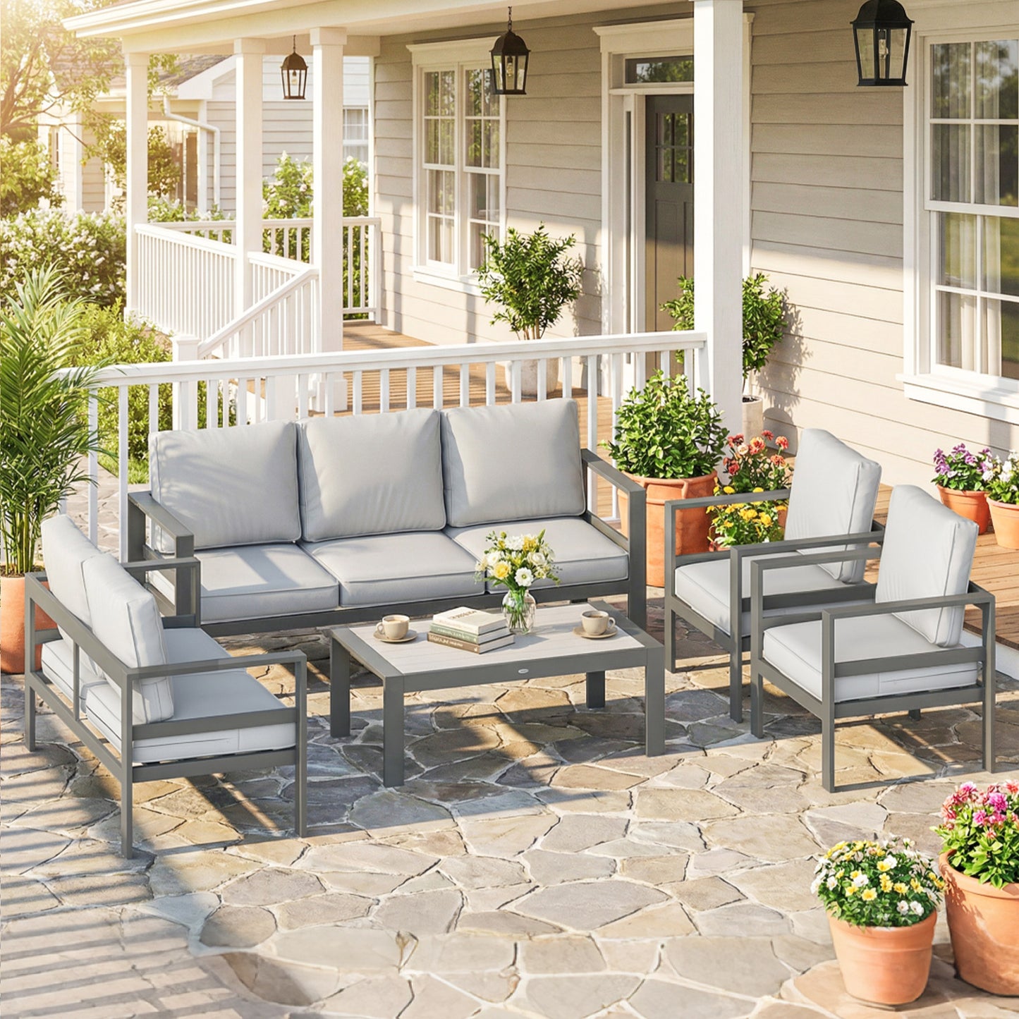 5 Pieces Aluminium Garden Furniture Set with Olefin Cushions, Extra Deep Outdoor Garden Sofa Set, Dark Grey