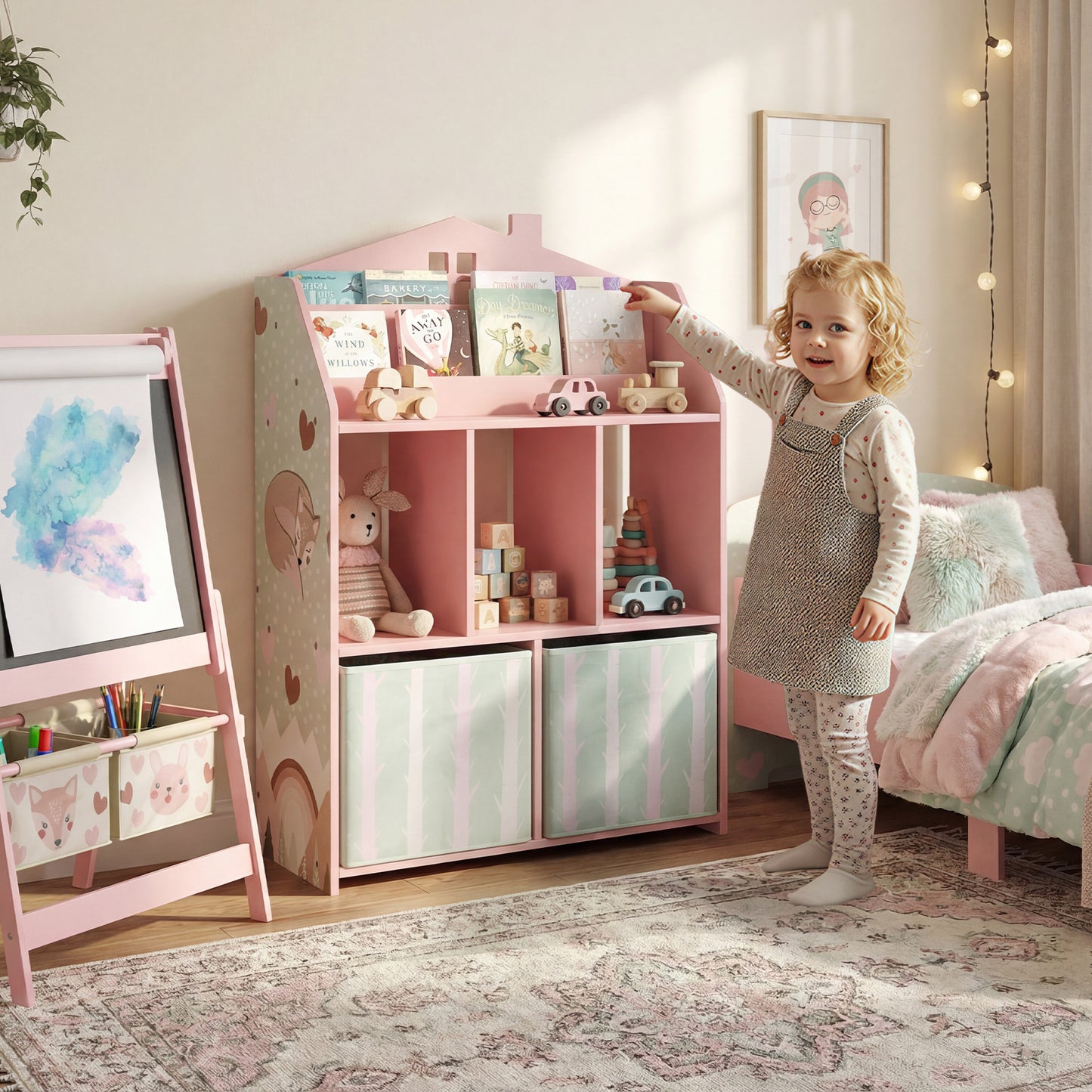 Kids Bookshelf with Storage, Toy Storage Unit with Book Display, Shelves and Fabric Drawers for Playroom Nursery, Pink