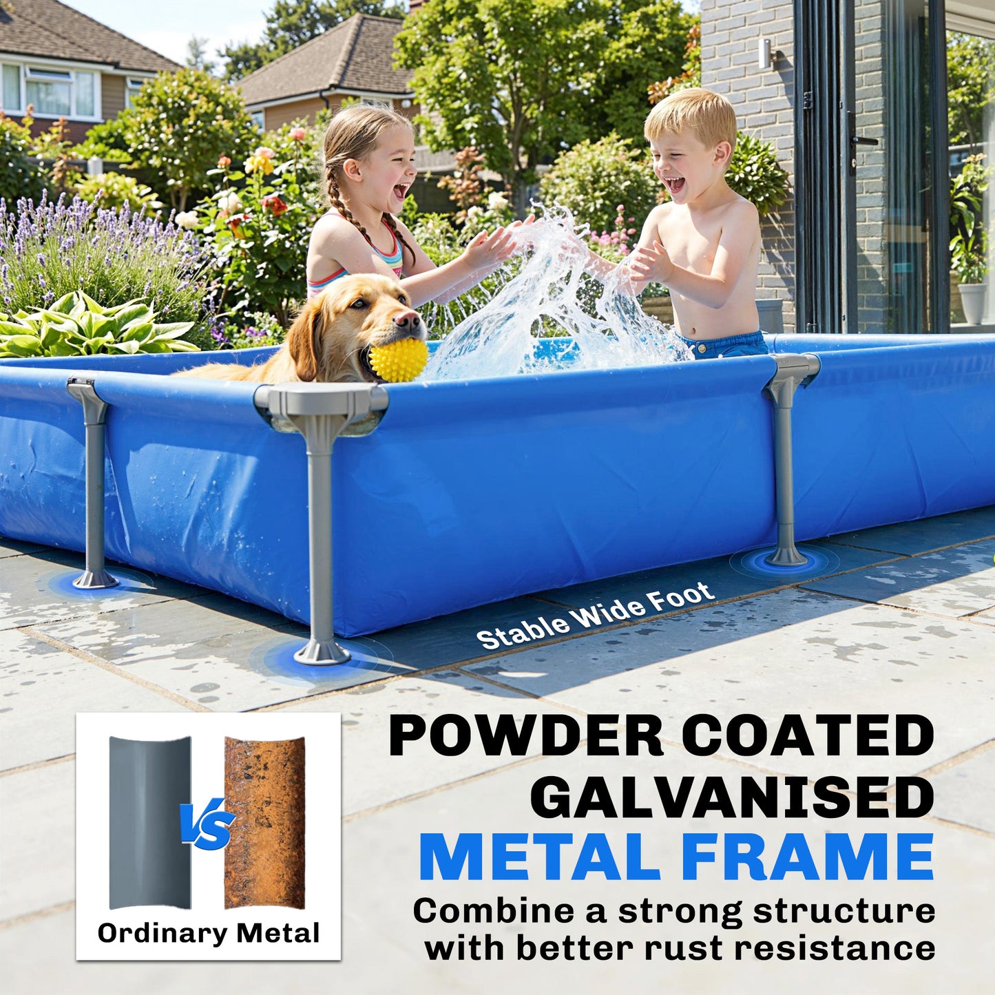 Metal Frame Swimming Pool, Rectangular Above Ground Frame Pool with Repair Patch, 229 x 160 x 43 cm, Blue