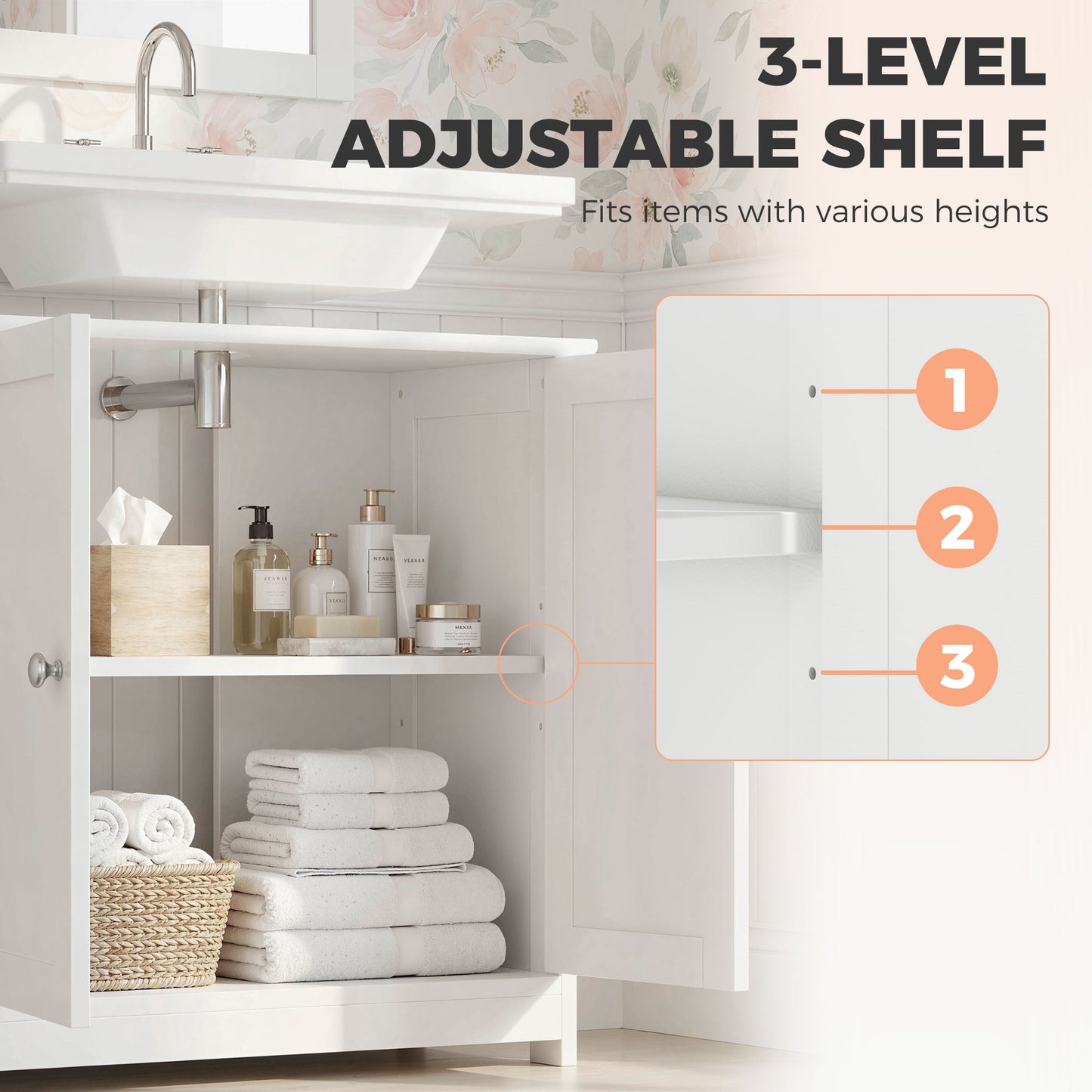 Under Sink Bathroom Cabinet, Freestanding Under Sink Cabinet with 2 Doors and Adjustable Shelf for Basin without or with Pede