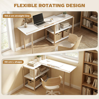 Computer Desk with Storage Shelves Modern Writing Desk Bamboo Frame for Home Office 150 cm White and Oak