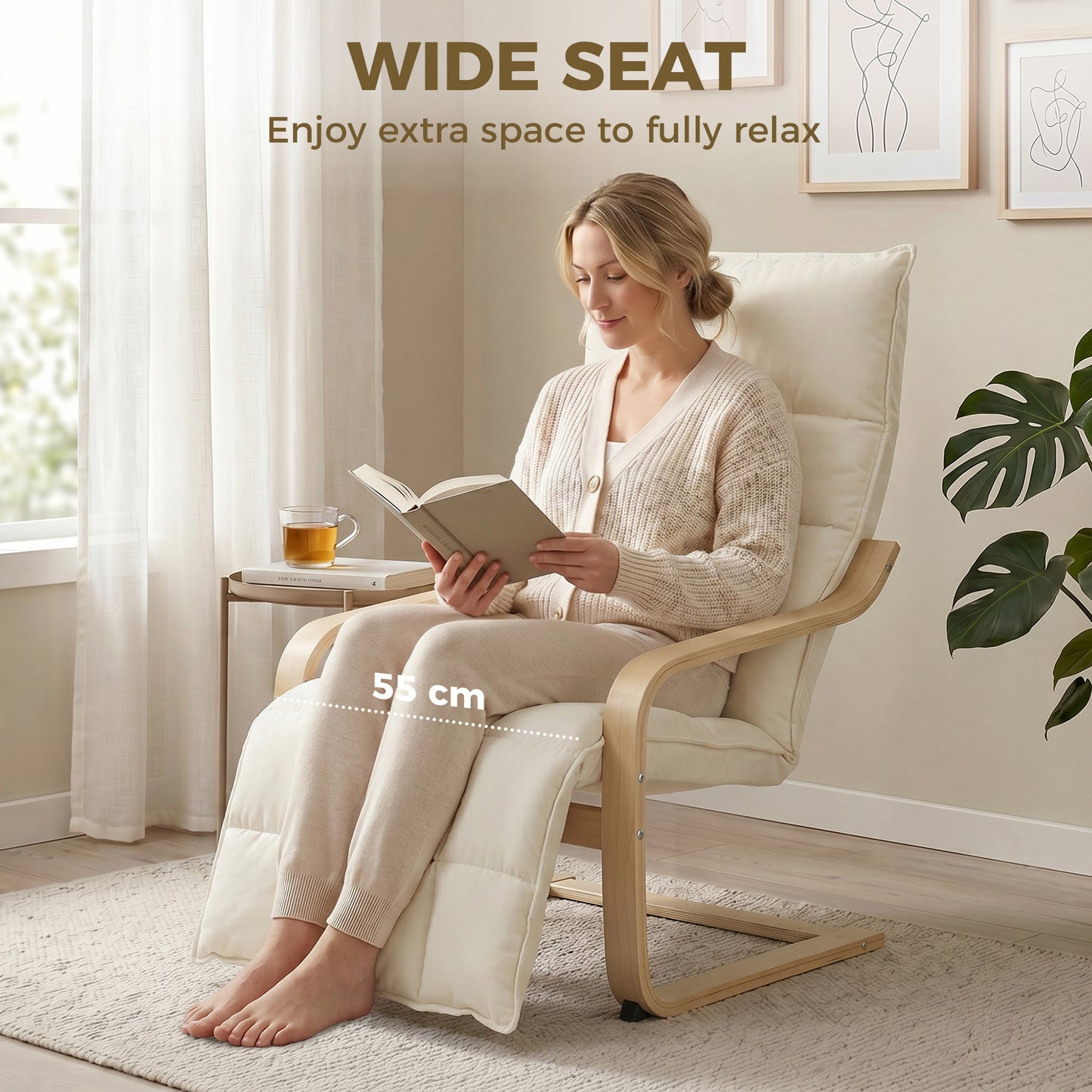 Modern Accent Chair, Leisure Lounge Chair Armchair with Footrest, Plush Cushion, Curved Legs and Arms, Cream White