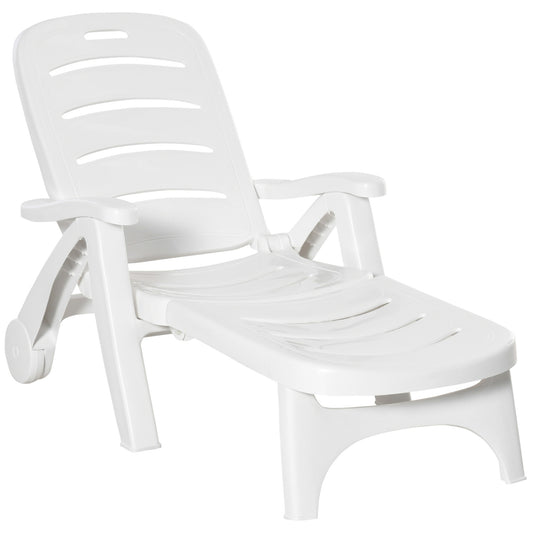 Outdoor Folding Sun Lounger Recliner on Wheels w/ 5-Position Backrest, White