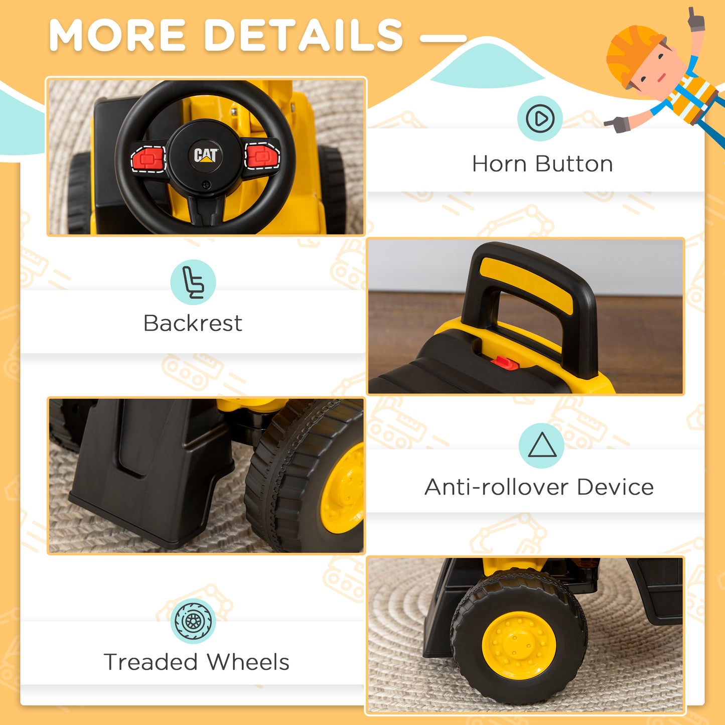 CAT Licensed Kids Ride on Digger Toddler Pretend Construction Play Toy Foot-To-Floor Ride-On Toy w/ Manual Shovel, Horn