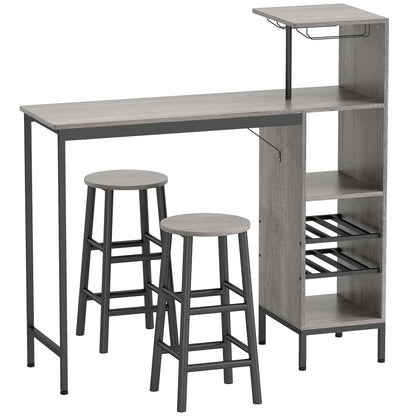 3 Pieces Dining Room Set, 2 Round Stools with Footrest, 6-Tier Dining Table with Storage Shelves, Natural