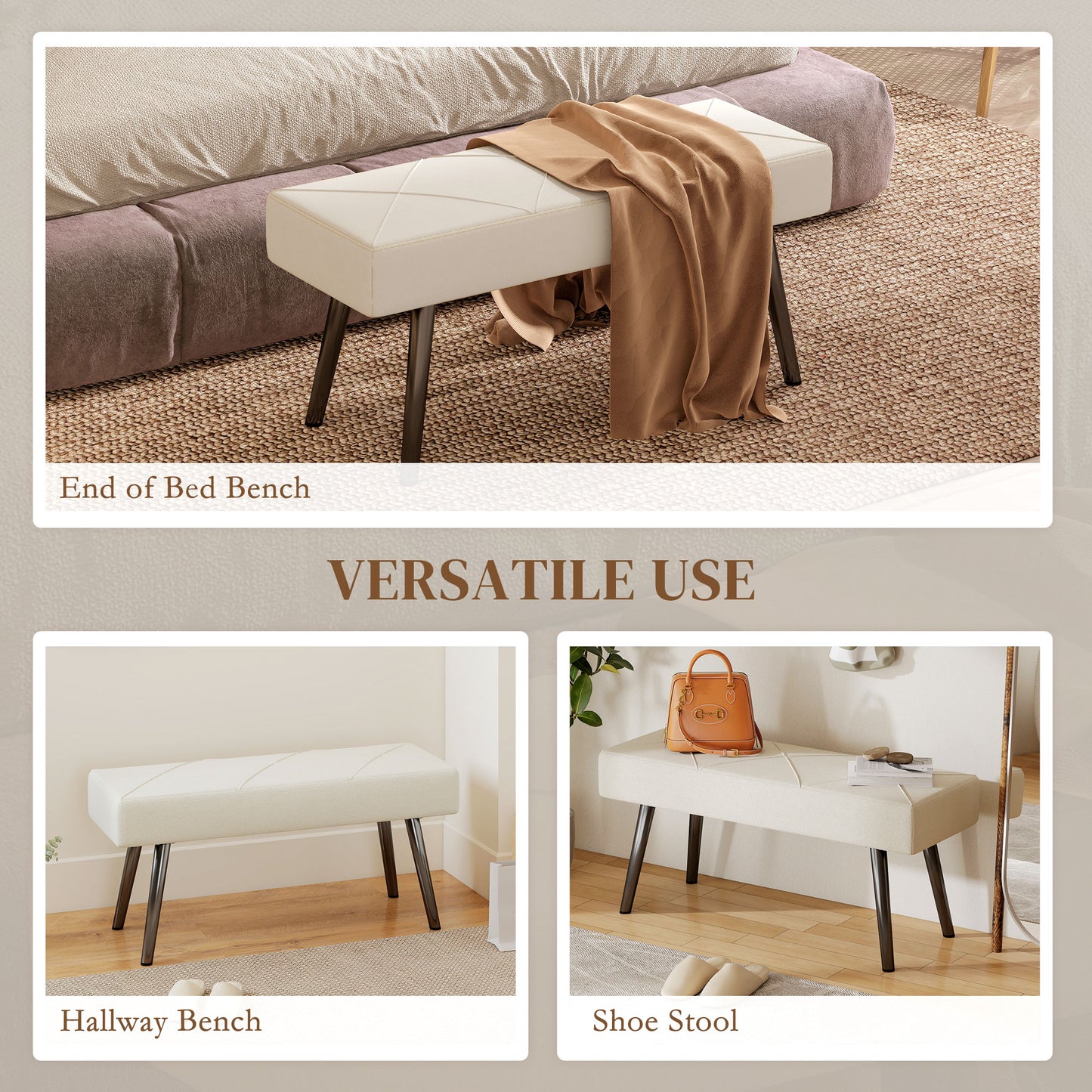 Upholstered Hallway Bench, End of Bed Bench with X-Shape Design and Steel Legs, Cream