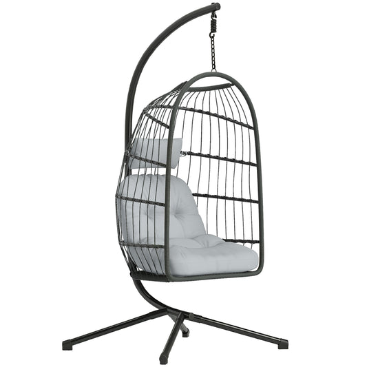 Hanging Egg Chair, Indoor Outdoor Hammock Swing Chair with Stand, Safety Strap, Foldable Basket, Dark/Light Grey