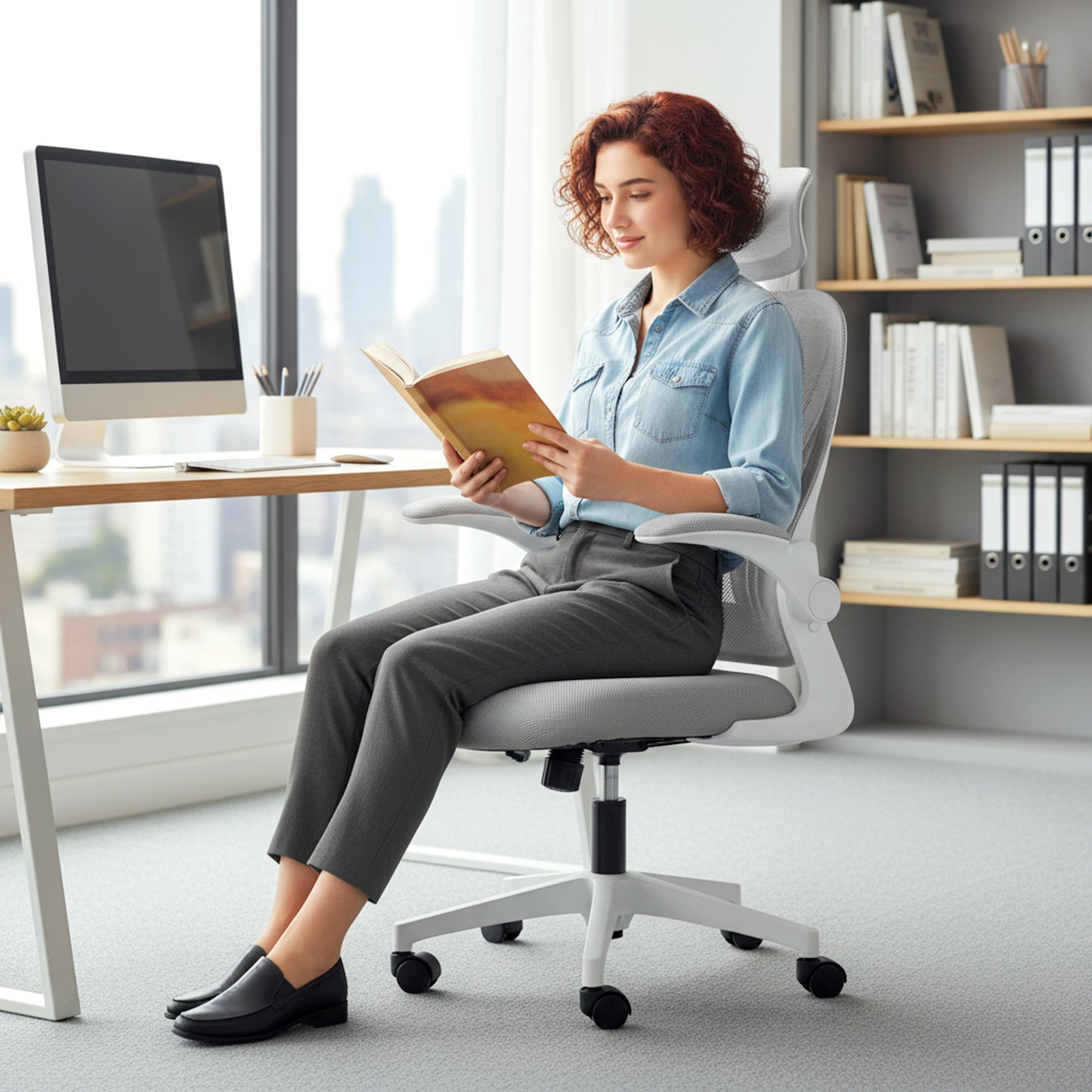 Ergonomic Office Chair with Foldable Backrest, 2D Headrest - Light Grey