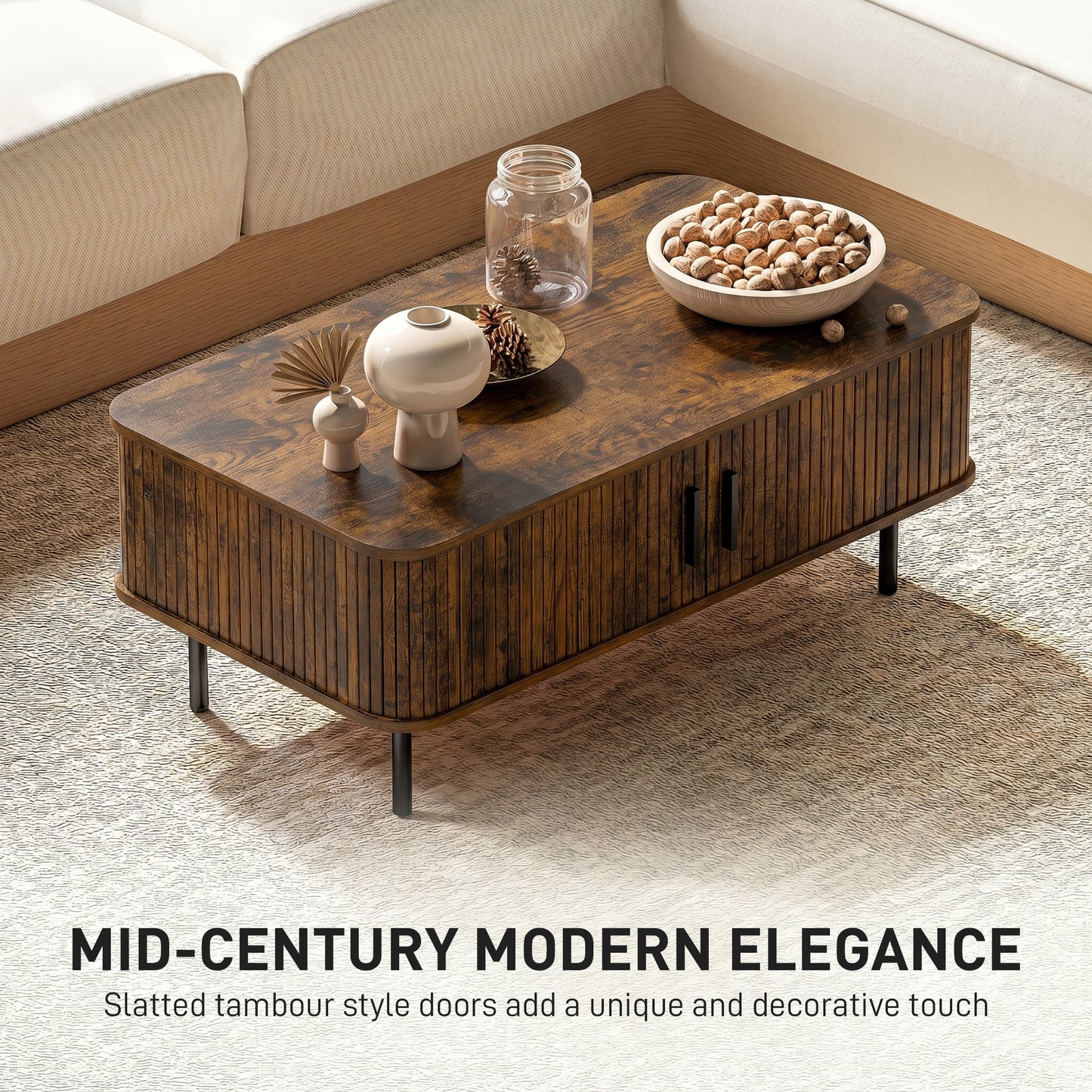 Coffee Table with Storage, Living Room Table with Slatted Tambour Sliding Doors and Adjustable Foot Pads