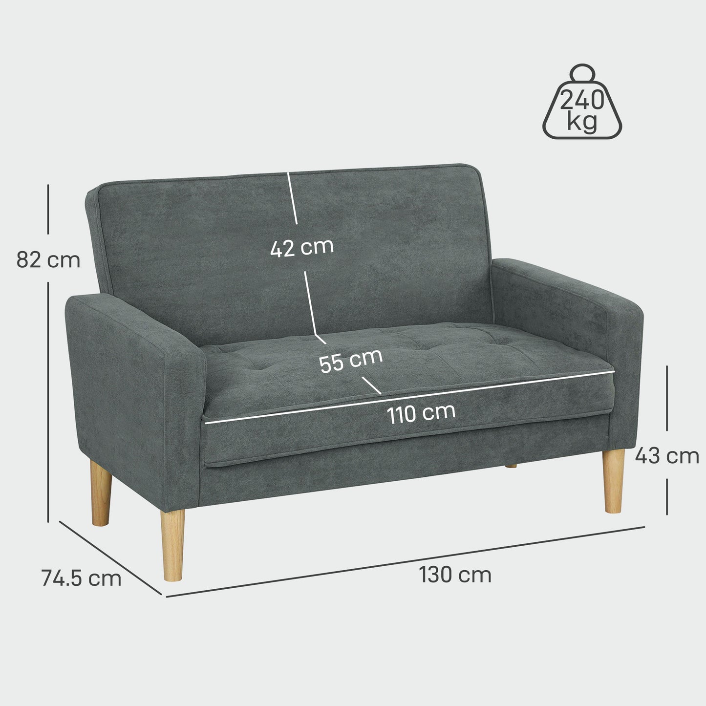 Two-Seater Velvet-Feel Sofa - Grey