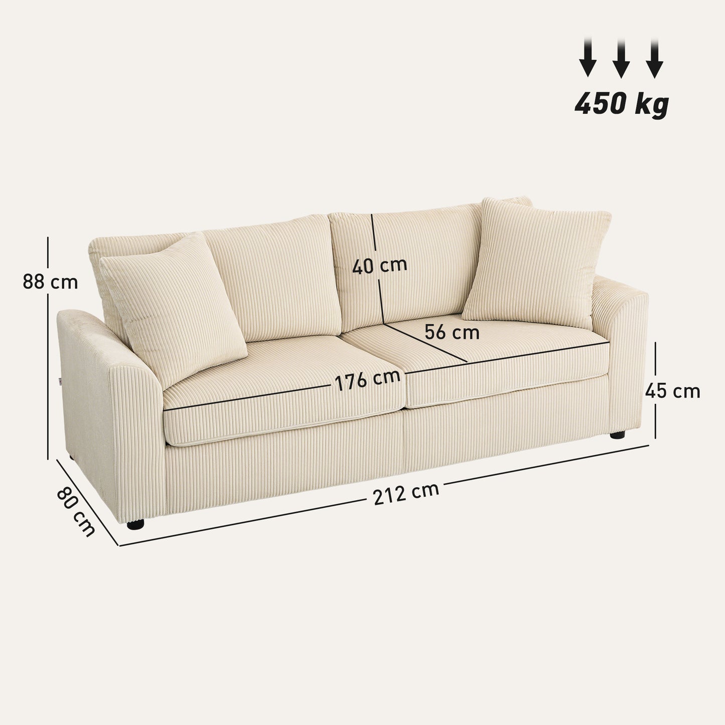3 Seater Sofa, 212cm Corduroy Couch with Spring Cushion, Wide and Deep Seat, Plush Backrest, 2 Pillows