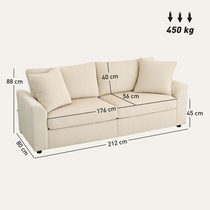 3 Seater Sofa, 212cm Corduroy Couch with Spring Cushion, Wide and Deep Seat, Plush Backrest, 2 Pillows