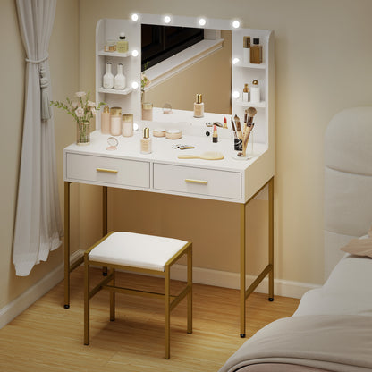 Dressing Table Set, with Storage and Stool - White