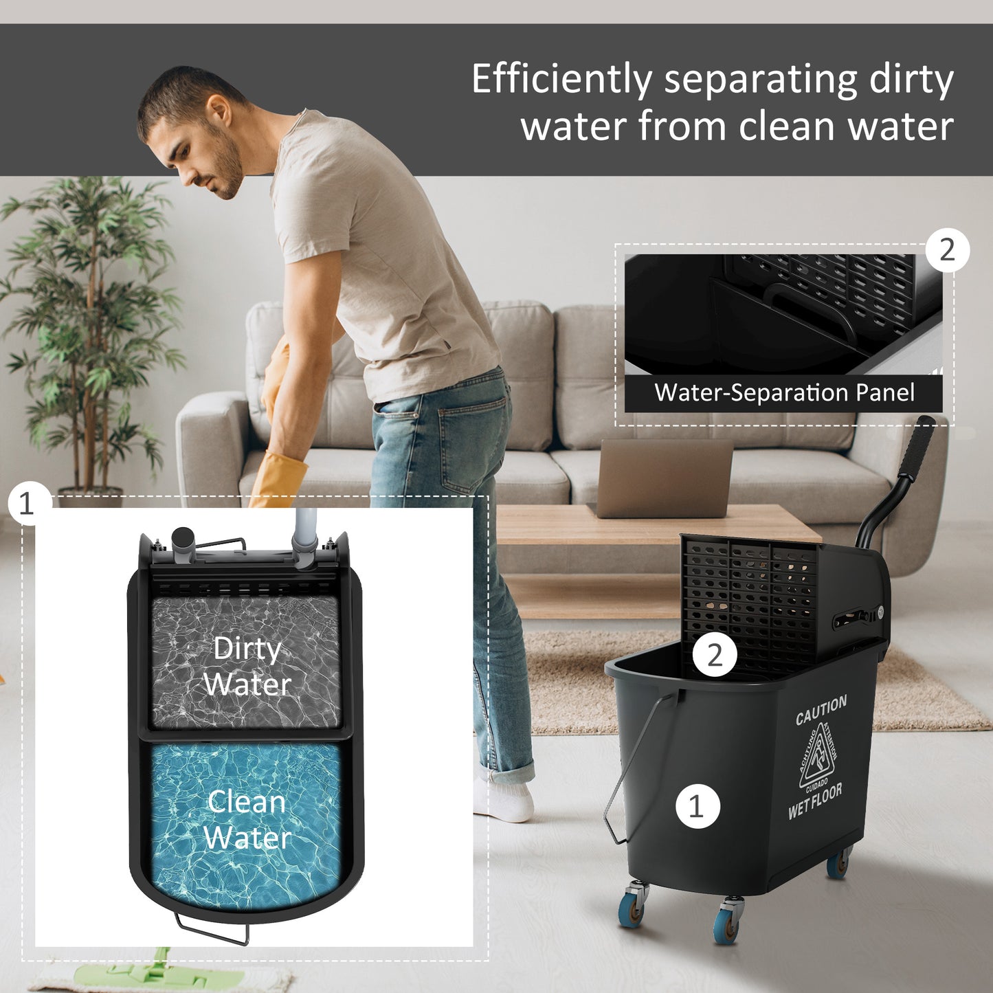 20L Compact Mop Bucket on Wheels, with Water Separation Panel - Black