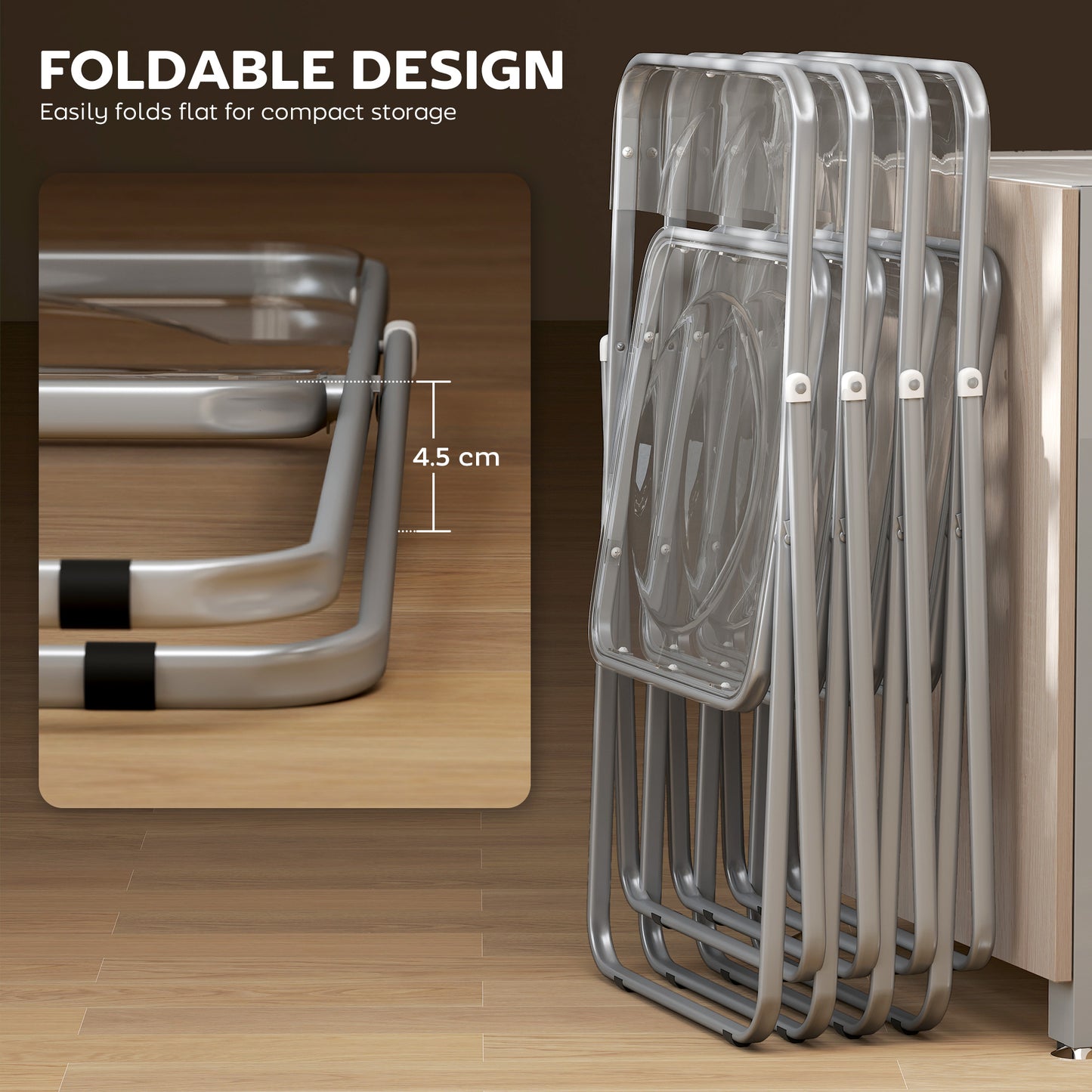 Foldable Chairs, Folding Chairs with Transparent Seat and Backrest, Heavy Duty Steel Frame, 47W x 48D x 75H cm, Clear