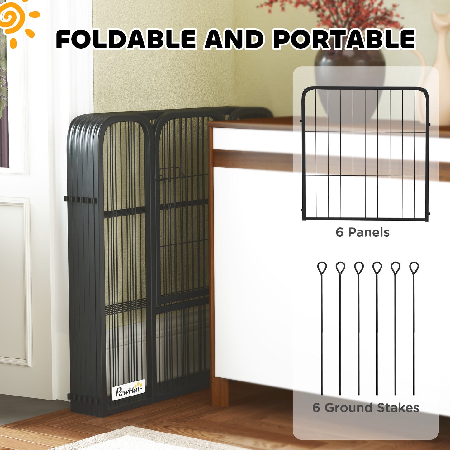 Six-Panel Dog Playpen with Door, for Small Dogs, Indoors, Outdoors, 60cm Tall, Black