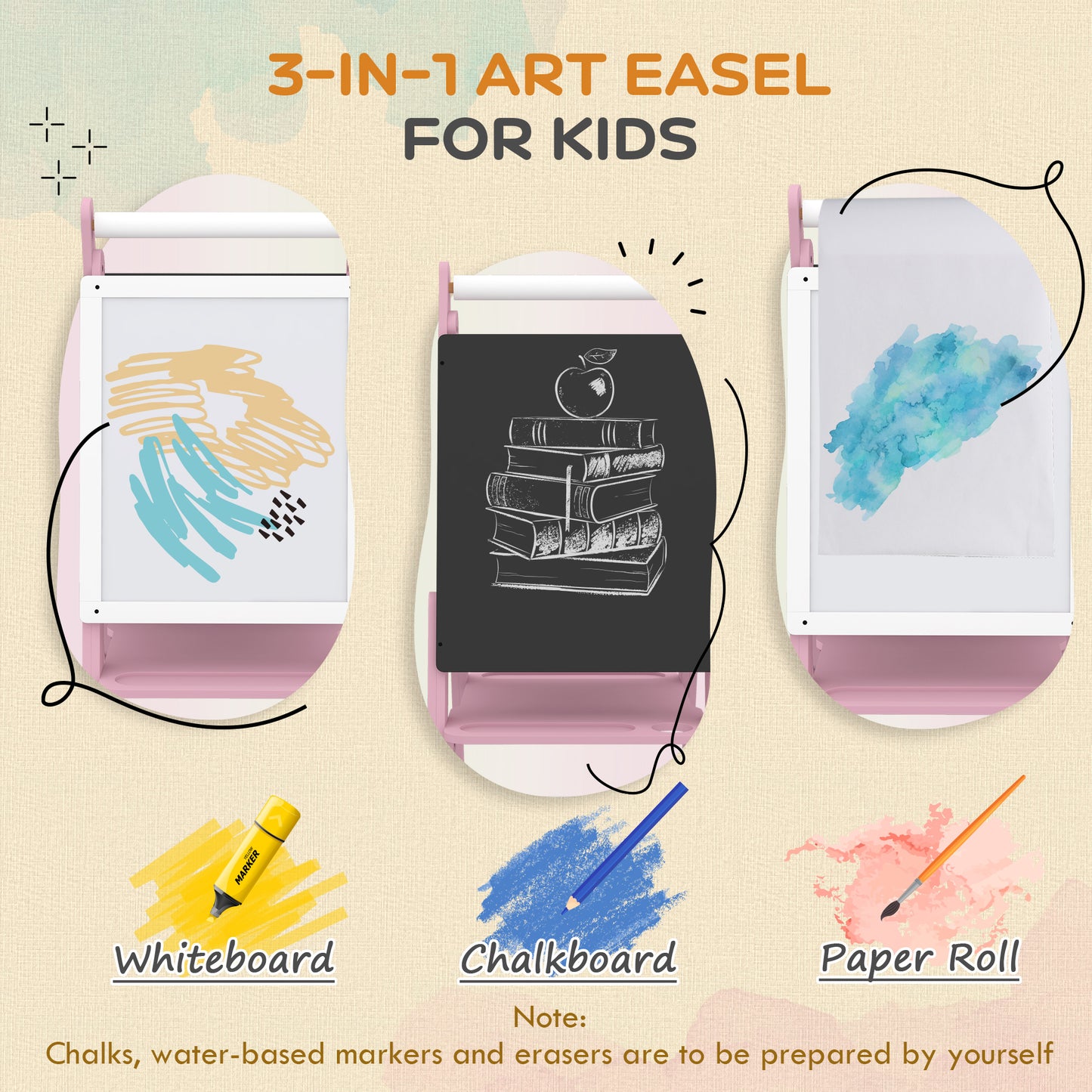 Three-In-One Easel for Kids, with Paper Roll, Adjustable Height - Pink