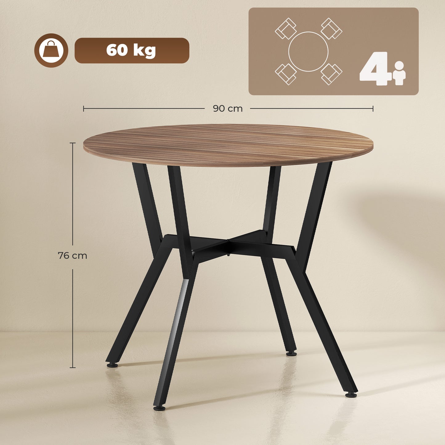 Dining Table, Round Kitchen Table with Black Legs, Anti-slip Foot Pads for Living Room, Dining Room 90 x 76 cm, Brown
