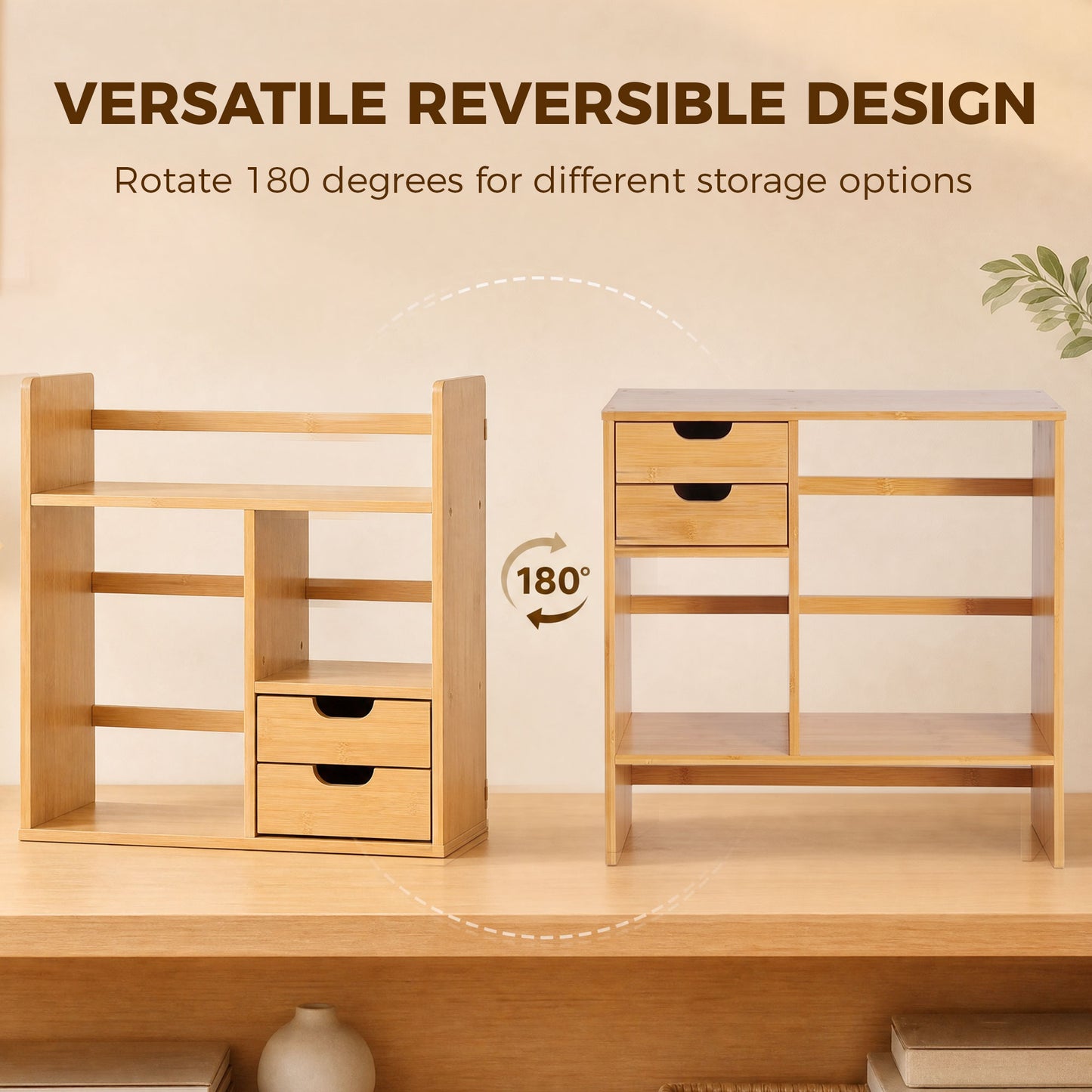 Desk Organiser Compartments Desktop Bookshelf Stationery Storage Shelf Document File Holder with 2 Drawers 2-way Reversed Use