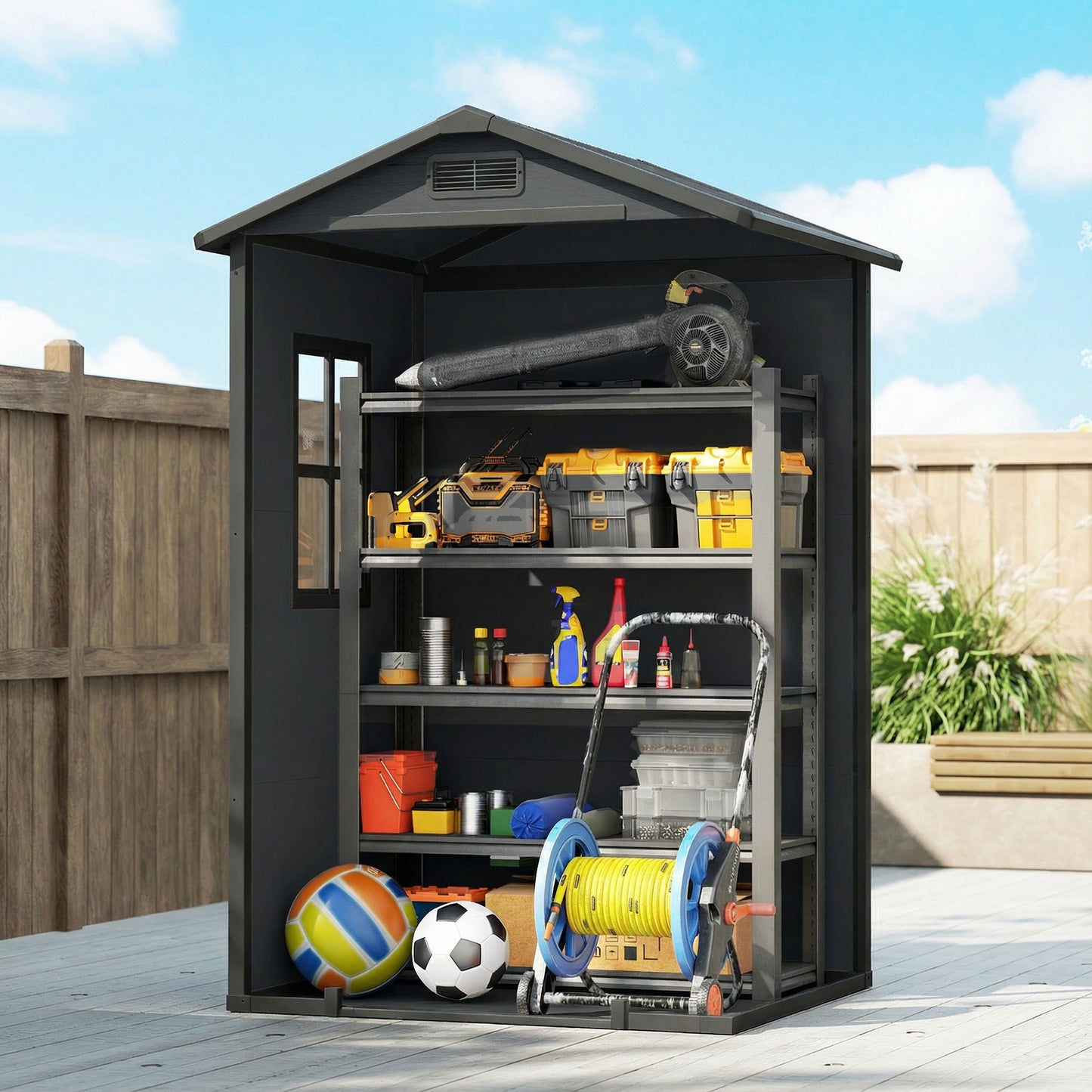 4 x 3 ft Plastic Garden Shed with Floor, Outdoor Storage Shed with Lockable Door, Window and Vent, Dark Grey
