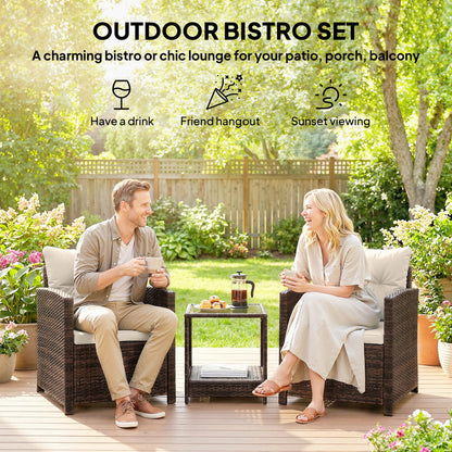 Rattan Bistro Set, 3 Piece Garden Furniture Set with 2 Tier Glass Top Table and Cushions, Mixed Brown