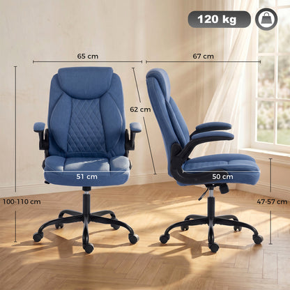 Linen-Look Computer Desk Chair, Executive Office Chair with Flip-Up Armrests and Thick Cushion, Blue