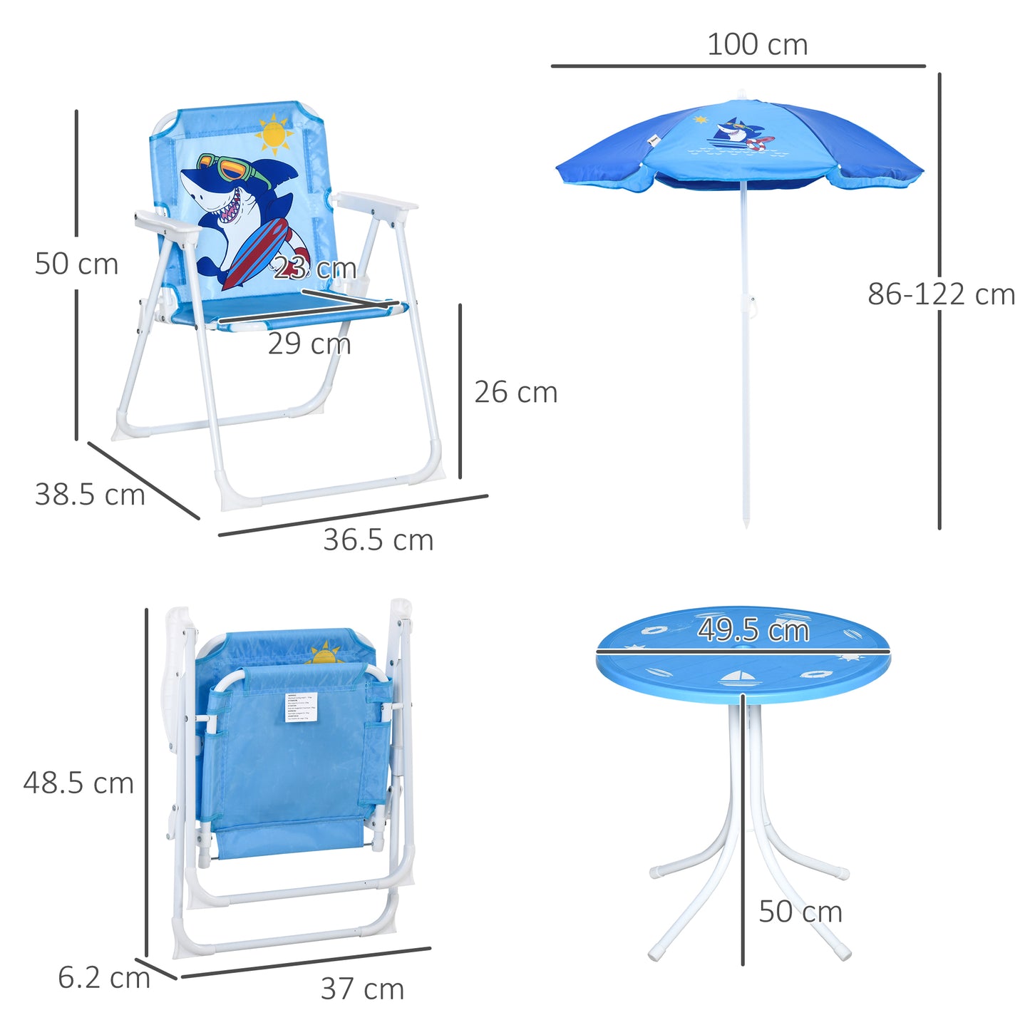Kids Outdoor Bistro Table and Chair Set, Folding Garden Furniture w/ Shark Design, Removable, Adjustable Sun Umbrella