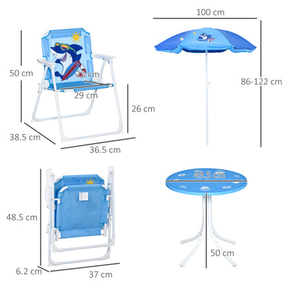 Kids Outdoor Bistro Table and Chair Set, Folding Garden Furniture w/ Shark Design, Removable, Adjustable Sun Umbrella