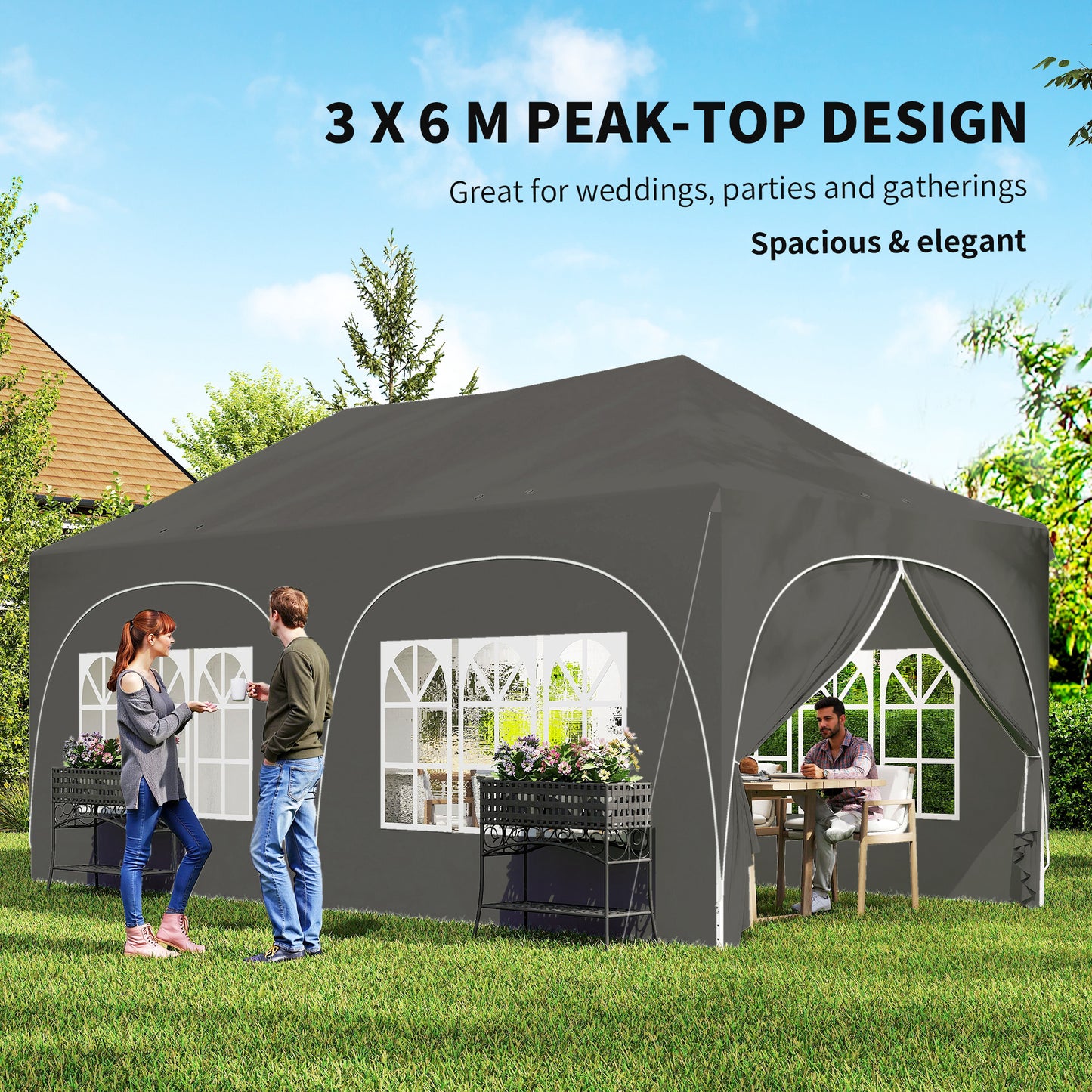 3 x 6m Pop Up Gazebo Shelter with Sides, 6 Sandbags, Peak Top Garden Party Tent Marquee with Carry Bag, Dark Grey