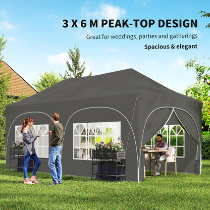 3 x 6m Pop Up Gazebo Shelter with Sides, 6 Sandbags, Peak Top Garden Party Tent Marquee with Carry Bag, Dark Grey