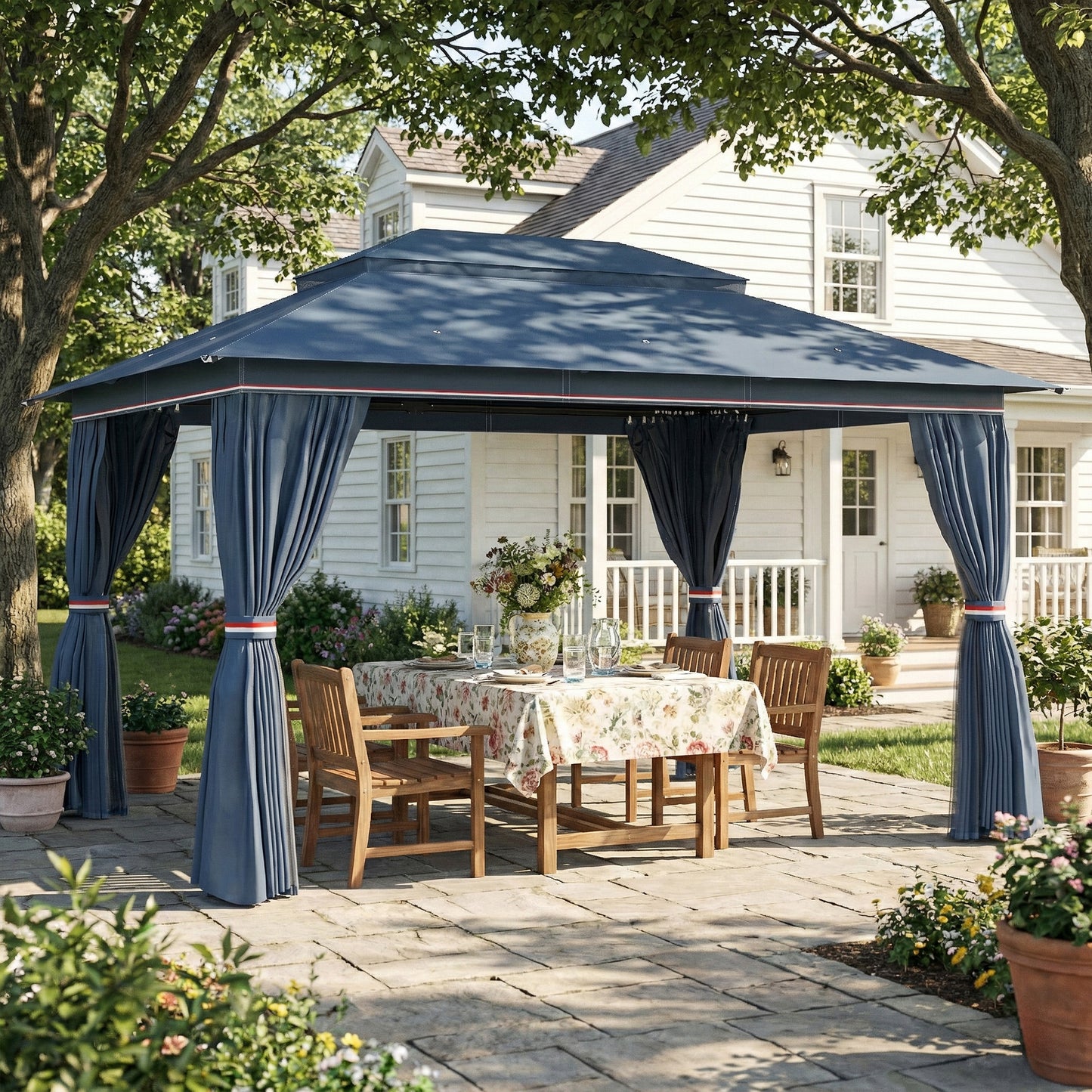 3 x 4 m Outdoor Garden Gazebo with Netting and Curtains, UPF50+ Patio Gazebo Permanent Pavilion Canopy, Dark Blue