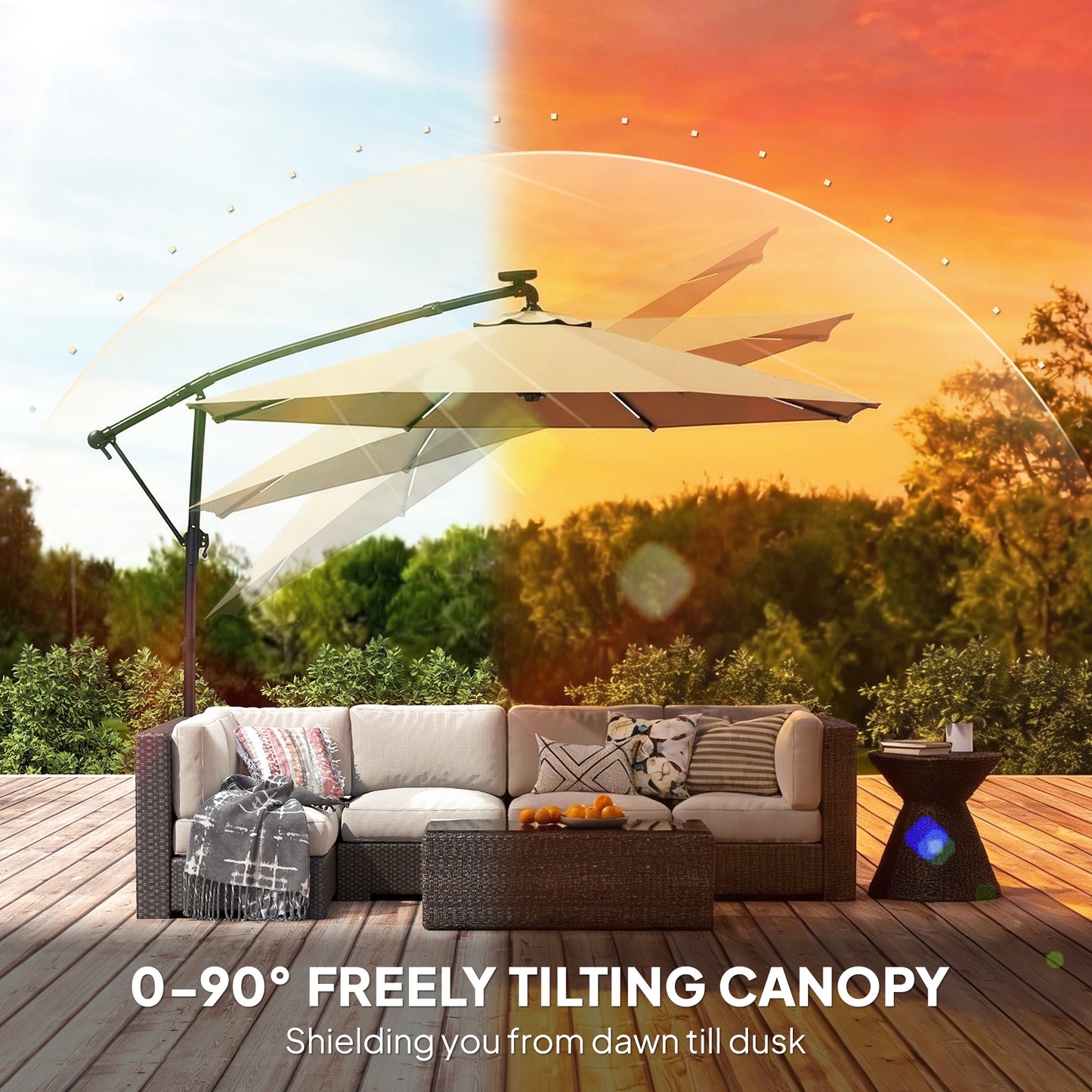 3 m Garden Cantilever Parasol with LED Solar Light, Round Overhanging Umbrella with 360° Rotation, Cover, Khaki