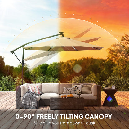 3 m Garden Cantilever Parasol with LED Solar Light, Round Overhanging Umbrella with 360° Rotation, Cover, Khaki