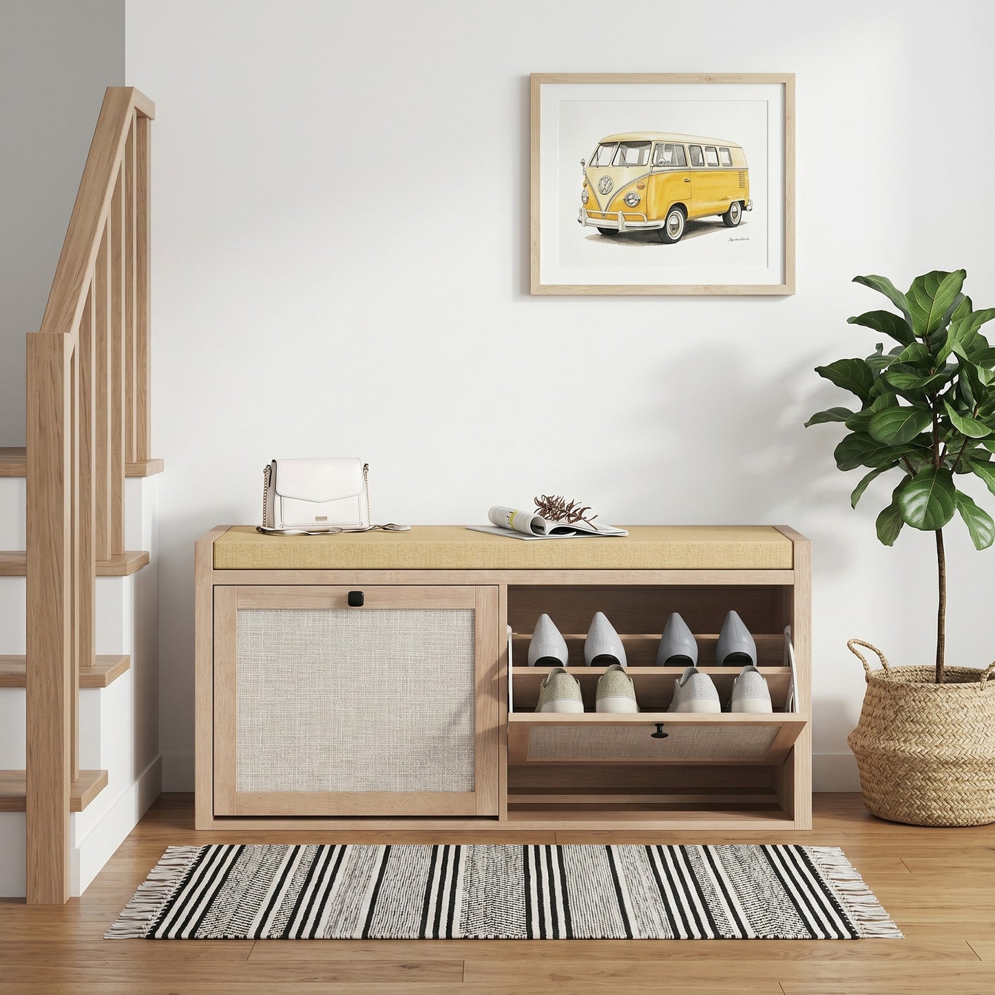 Rattan Shoe Bench with Padded Cushion and 2 Cabinets for Hidden Storage, Oak Wood Effect