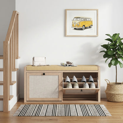Rattan Shoe Bench with Padded Cushion and 2 Cabinets for Hidden Storage, Oak Wood Effect
