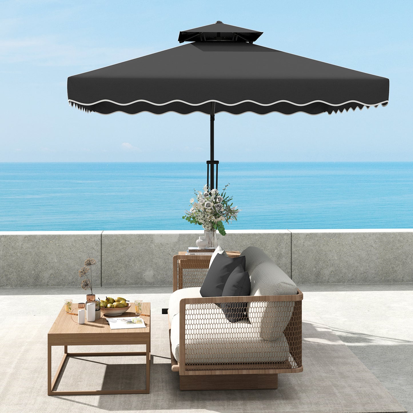 2.5m Cantilever Parasol with Easy Lever, Square Double Top Garden Parasol Umbrella with Ruffles and Cross Base