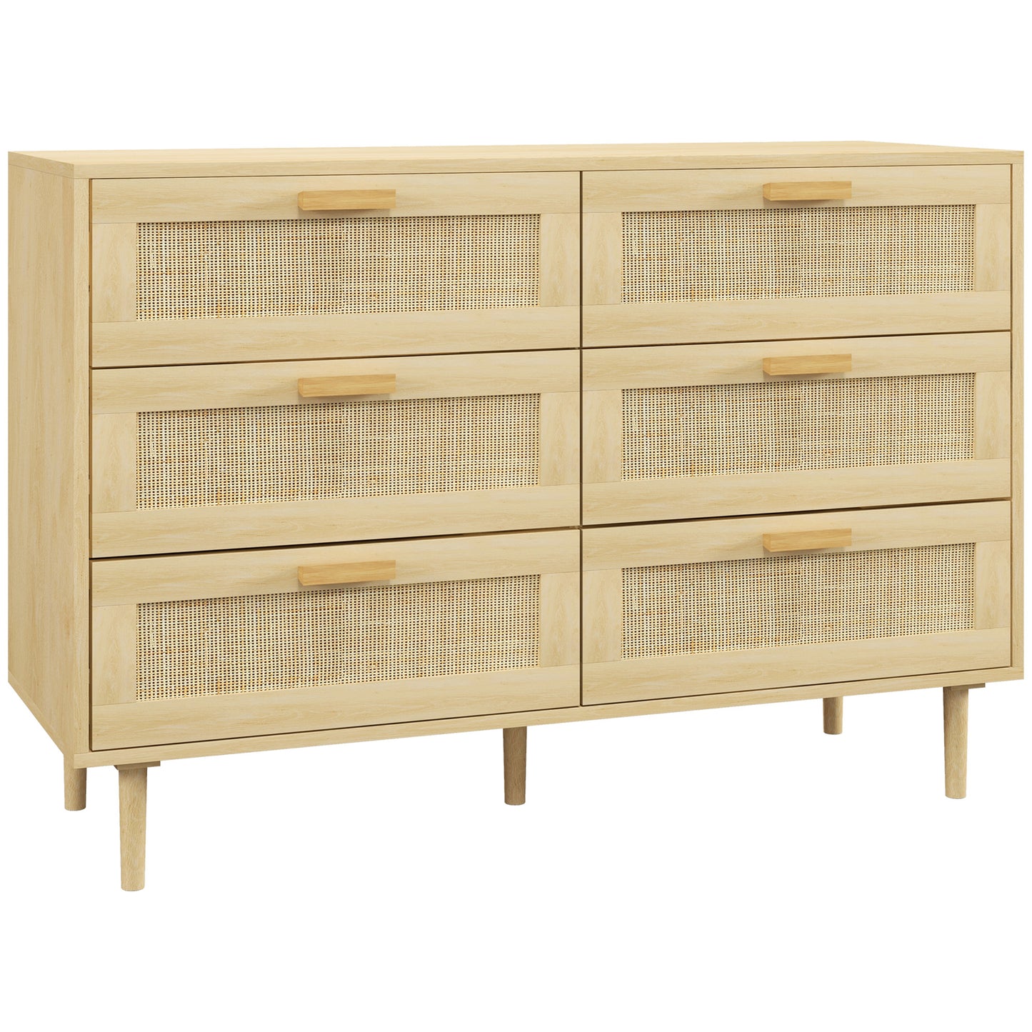 Chest of Drawers, 6-Drawer Dresser, Tall Storage Drawer Unit with Rattan Element for Bedroom, Living Room, Oak