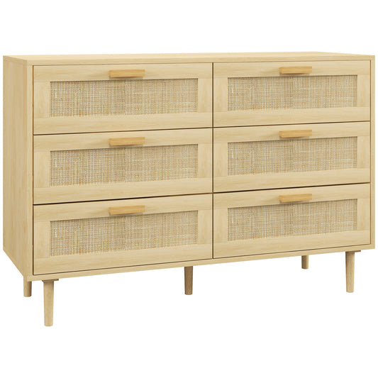 Chest of Drawers, 6-Drawer Dresser, Tall Storage Drawer Unit with Rattan Element for Bedroom, Living Room, Oak