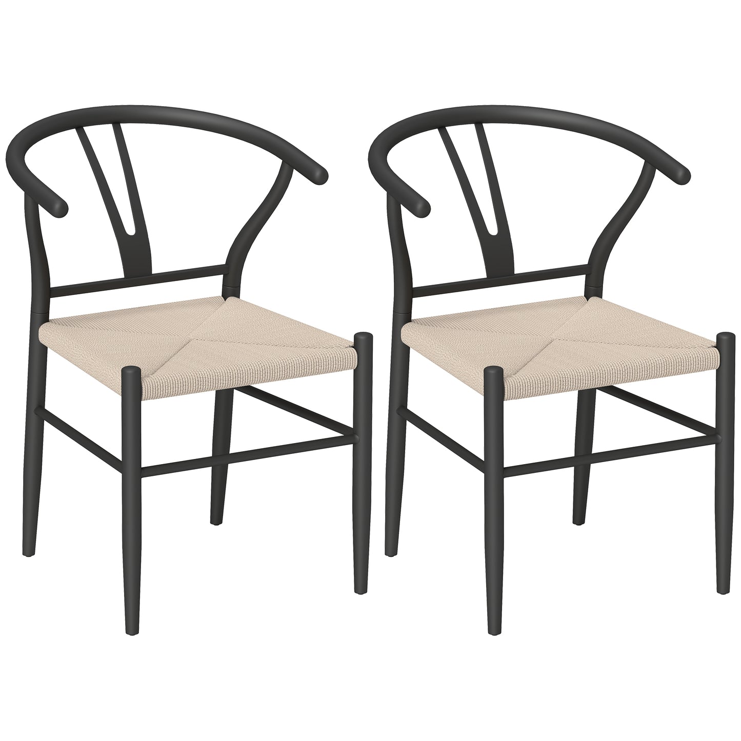 Set of Two Weave Dining Chairs with Y-Shaped Backrest Hemp Seat - Black/Beige