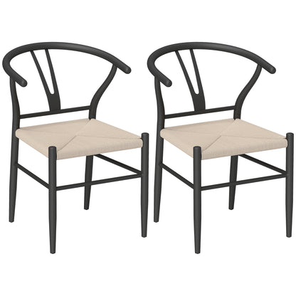Set of Two Weave Dining Chairs with Y-Shaped Backrest Hemp Seat - Black/Beige