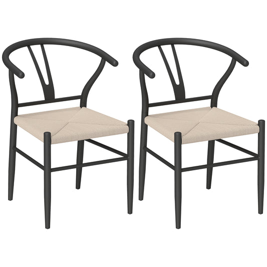 Set of Two Weave Dining Chairs with Y-Shaped Backrest Hemp Seat - Black/Beige